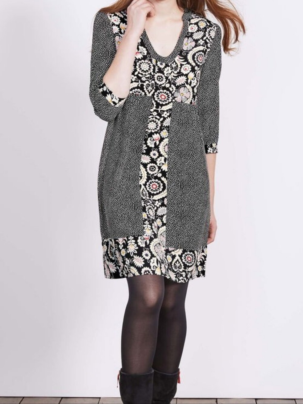 Boden Black Mollie Floral Polka Dot Patchwork Women's Dress | Size 4